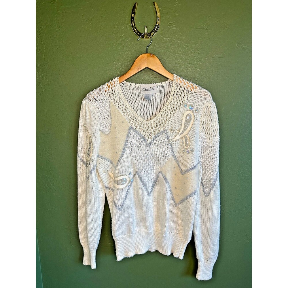 VNTG 80s Christine Women's M Sweater Beaded Embellished Cream Grandmacore Glam